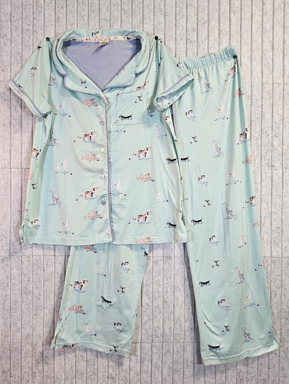 Munki Munki Women’s XL Dog Print Pajama Set Mint Button Up Top Pants - Picture 2 of 4